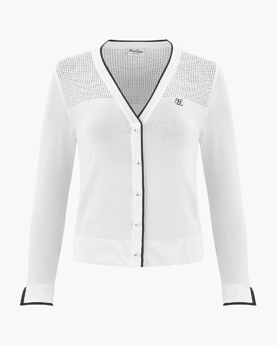 V Neck color scheme line cardigan (White)