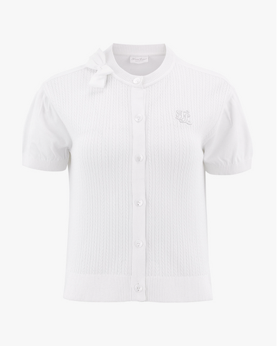 Round ribbon short sleeve cardigan - White