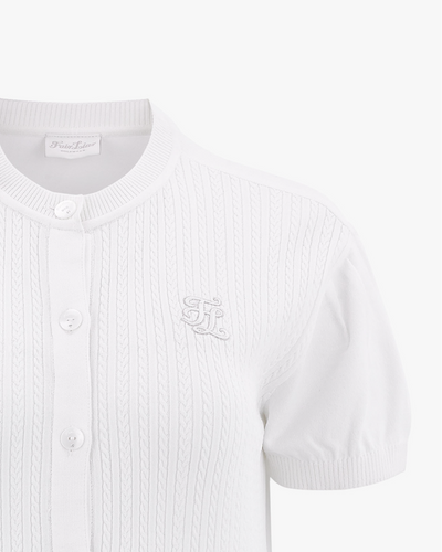 Round ribbon short sleeve cardigan - White