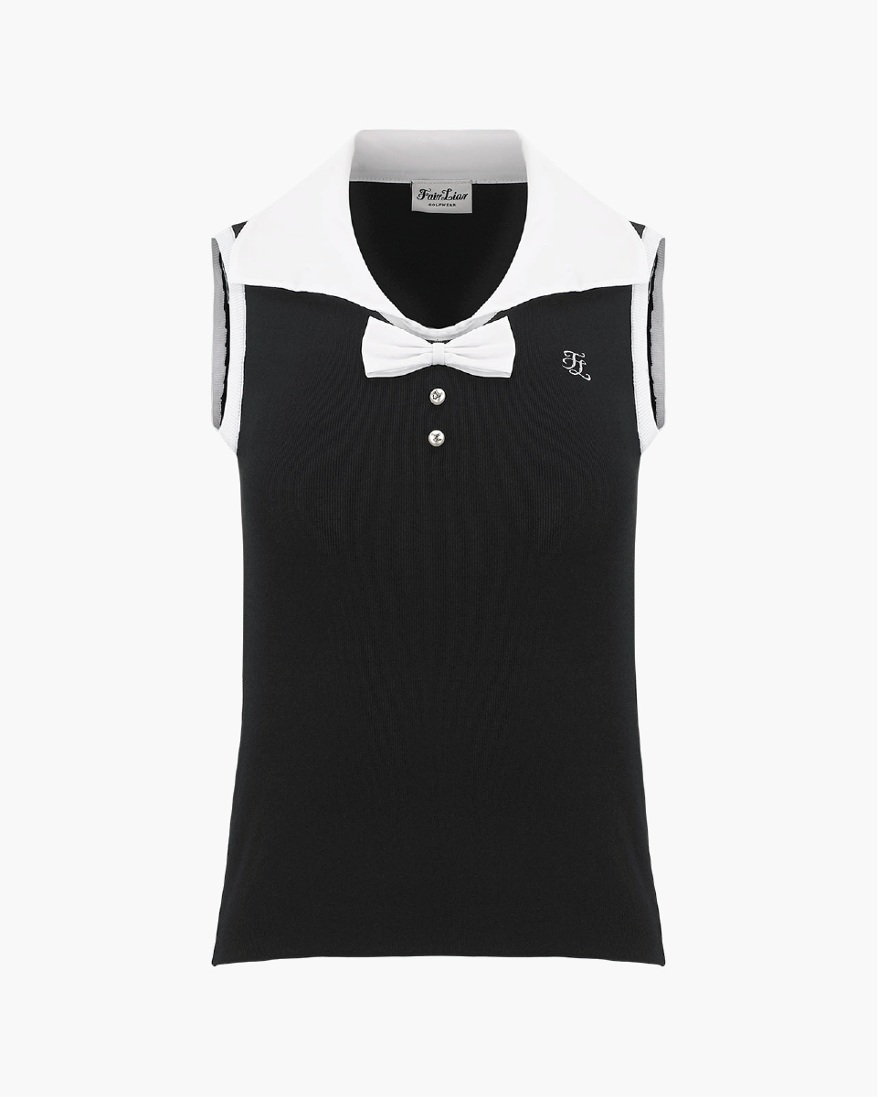 Open Collar Ribbon sleeveless knit (Black)