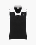 Open Collar Ribbon sleeveless knit - Black