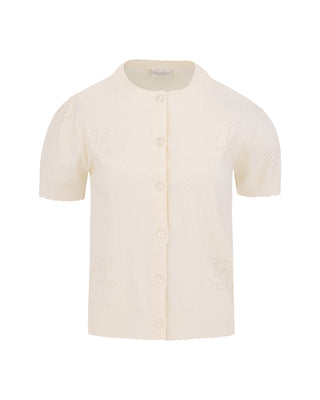 Logo Jacquard Short Sleeve Cardigan - Cream
