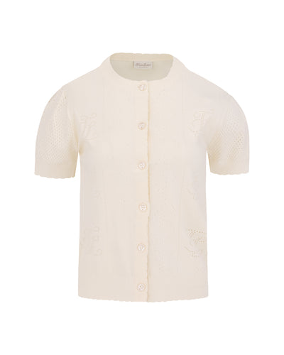 Logo jacquard short sleeve cardigan - Cream
