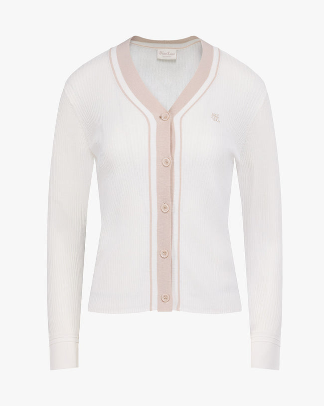 Color combination wide ribbed cardigan - White