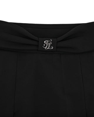 Front Ribbon Belt Wide Pleated Skirt - Black