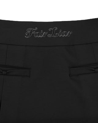 Front Ribbon Belt Wide Pleated Skirt - Black