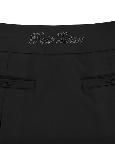 Front ribbon belt wide pleated skirt - Black