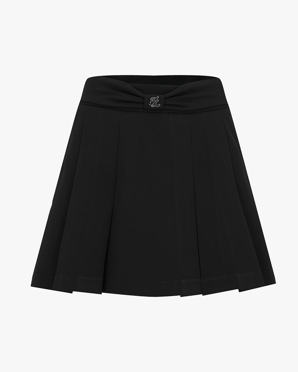 Front Ribbon Belt Wide Pleated Skirt (Black)