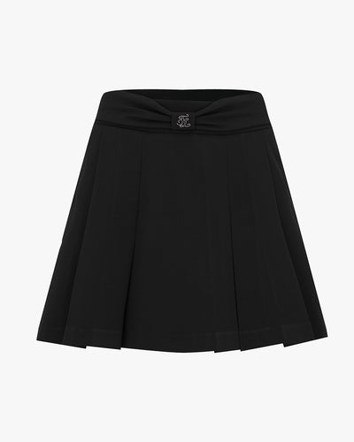Front ribbon belt wide pleated skirt - Black