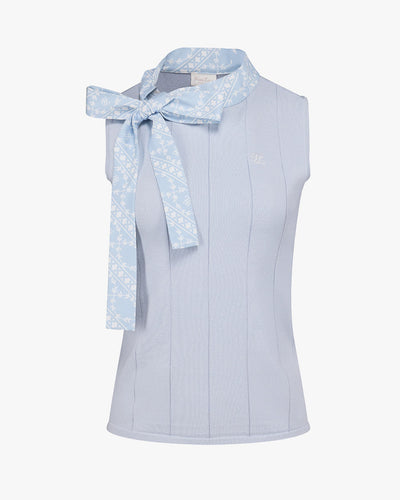 Patterned Neck ribbon sleeveless knit - Blue