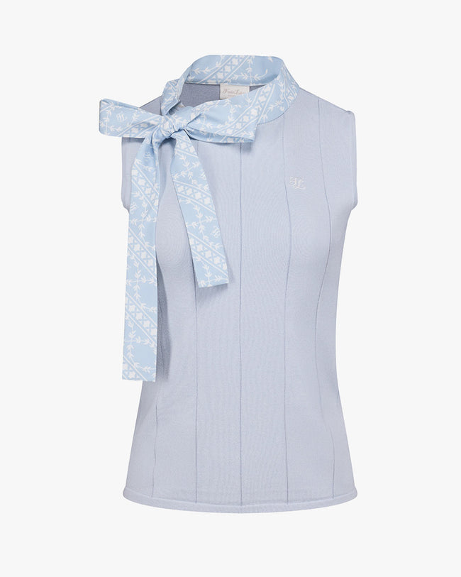 Patterned Neck ribbon sleeveless knit - Blue