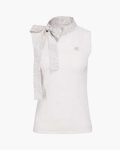 Patterned Neck ribbon sleeveless knit - White