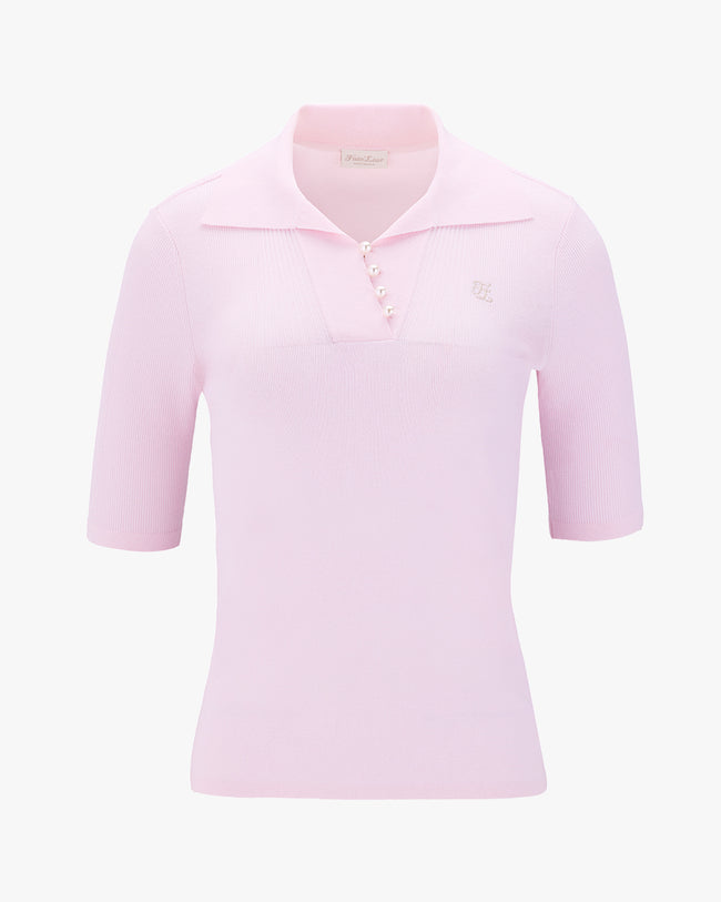 Open collar pearl point neck knit - Pink