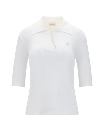 Open collar pearl point neck knit - White