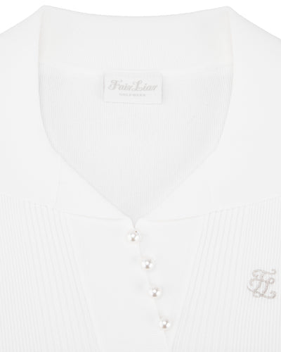 Open collar pearl point neck knit - White