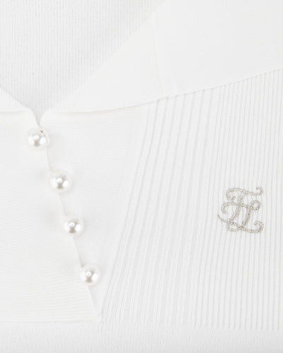 Open collar pearl point neck knit - White