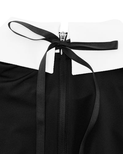 Big collar ribbon sleeveless t-shirt- Black