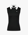 Big collar ribbon sleeveless t-shirt- Black