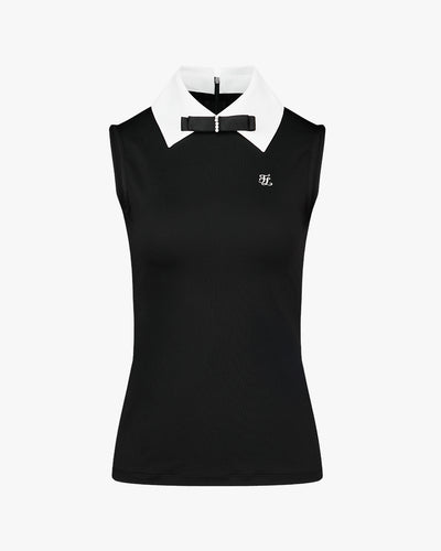 Big collar ribbon sleeveless t-shirt- Black