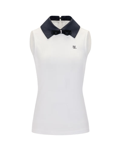Big collar ribbon sleeveless t-shirt- White