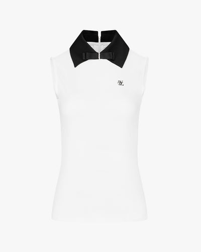 Big collar ribbon sleeveless t-shirt- White