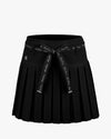 Ribbon Belt High Waist Double Pleated Skirt - Black