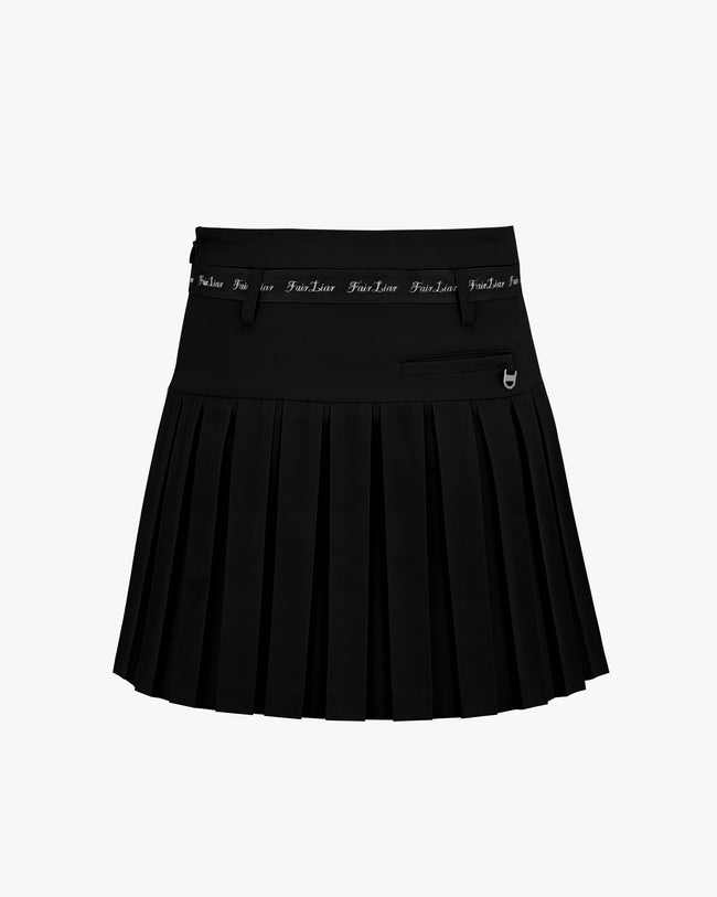 Ribbon Belt High Waist Double Pleated Skirt - Black