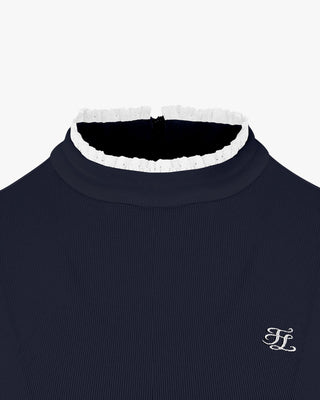 Frill High Neck Long Sleeve T-shirt - Navy