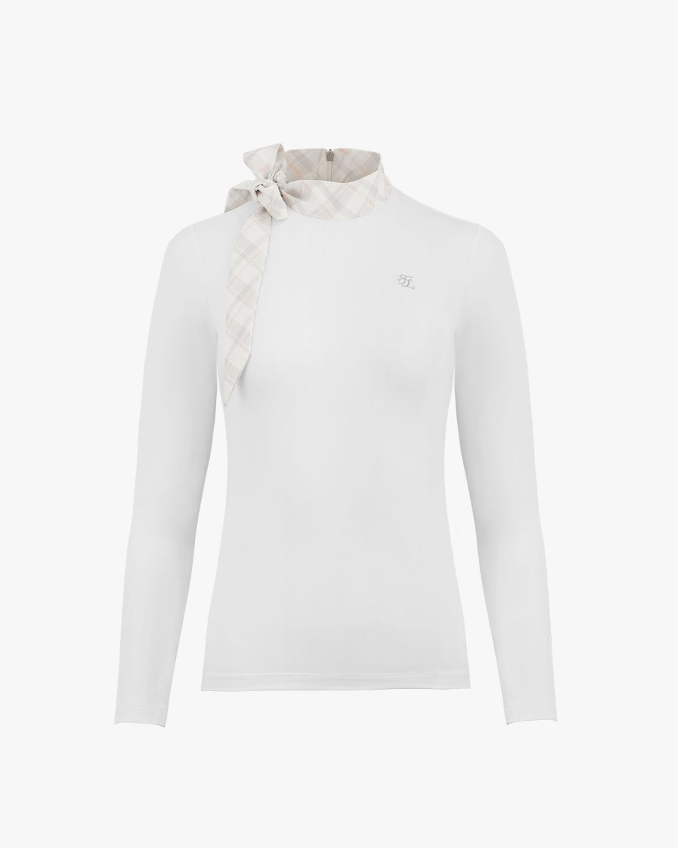 Check Ribbon Scarf Long Sleeve Shirt (White)