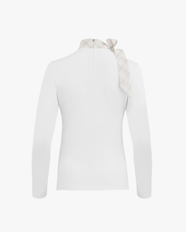 Check Ribbon Scarf Long Sleeve Shirt - White