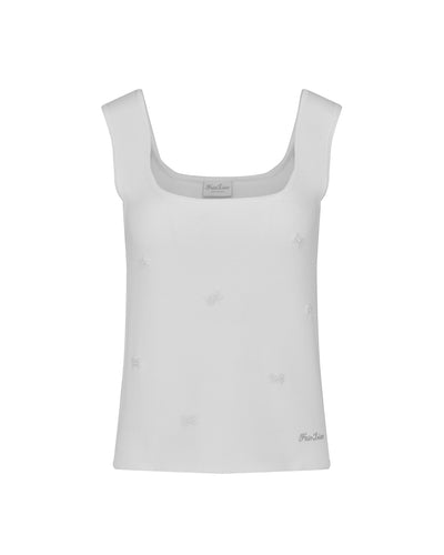 Square Neck Pearl ribbon vest - White