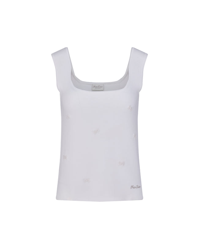 Square Neck Pearl ribbon vest - White