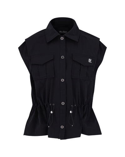 pocket collar waist band vest - Black