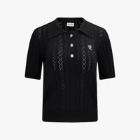 Ribbon Button Mesh Short Sleeve Knit (Black)