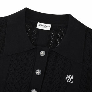 Ribbon Button Mesh Short Sleeve Knit (Black)