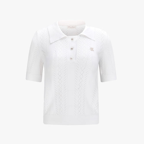 Ribbon Button Mesh Short Sleeve Knit (White)