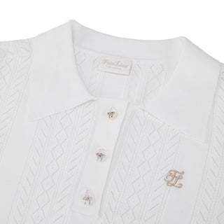 Ribbon Button Mesh Short Sleeve Knit (White)