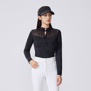 Sheer Shirring High Neck T-Shirt (Black)