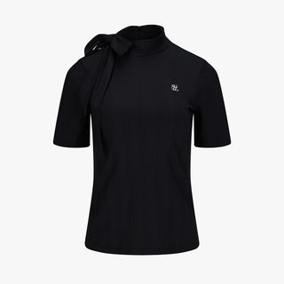 Ribbon High Neck Seven-Button T-Shirt (Black)