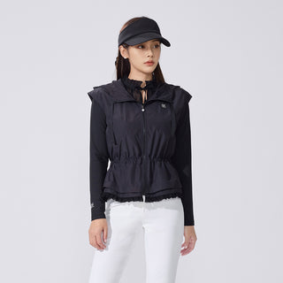 Drawstring Ruffle Zip-Up Vest (Black)