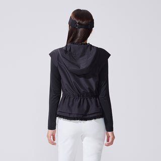 Drawstring Ruffle Zip-Up Vest (Black)