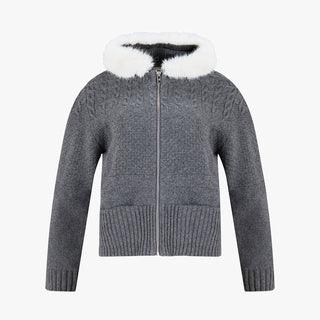 Fur Hooded Zipup Windproof Cardigan (Charcoal Grey)