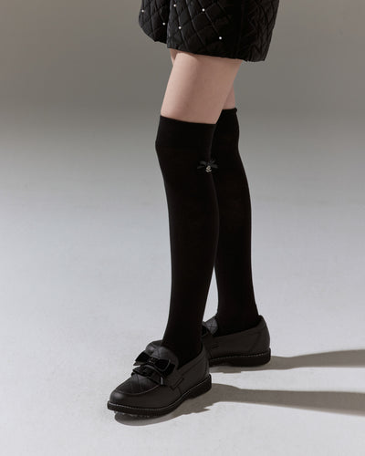 FL Leather Ribbon Knee Socks - Black