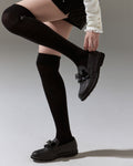 FL Leather Ribbon Knee Socks - Black