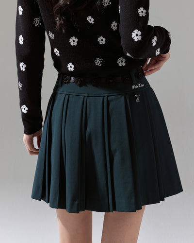 Flower belt set pleated skirt- Dark Green