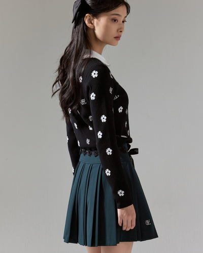 Flower belt set pleated skirt- Dark Green