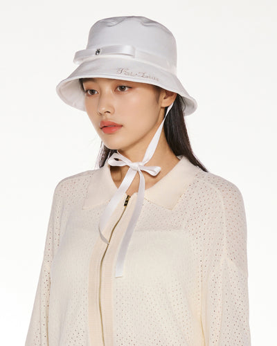 Crystal embellished ribbon bucket hat - White