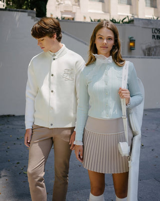 [FL Signature] Pearl & Bead Flare Pleated Skirt - Beige