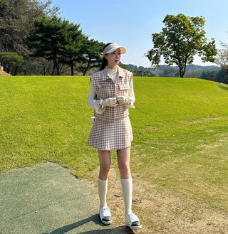 Houndstooth Checkered Quilted Vest - Beige