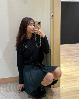 Flower belt set pleated skirt- Dark Green
